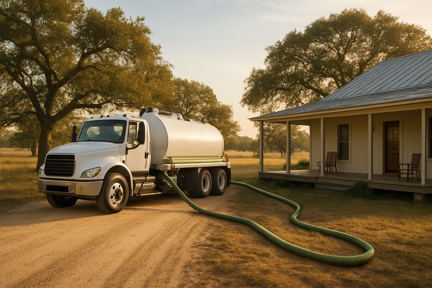 Septic service truck at a rural home outside Elgin, Texas with pasture and oak trees